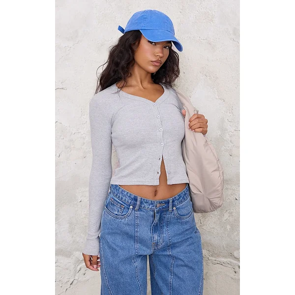 Grey Marl Bardot Button Detail Long Sleeve Top