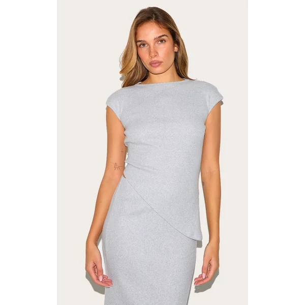Grey Marl Brushed Rib Asymmetrical Cap Sleeve Long Top
