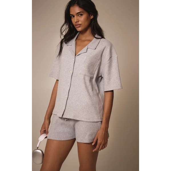 Grey Marl Brushed Rib Button Up Boxy Shirt