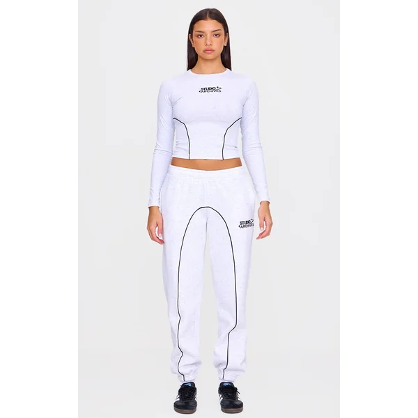 Grey Marl Contrast Studio Archives Seam Detail Cuffed Sweatpants