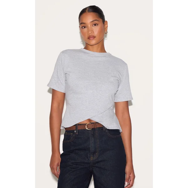 Grey Marl Cotton Ruched Side Detail T Shirt
