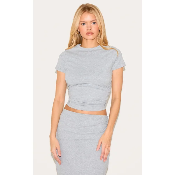 Grey Marl Cotton Side Cap Sleeve Ruched Top