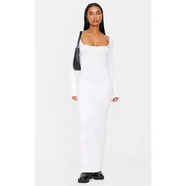 Grey Marl Cotton Square Neck Long Sleeve Maxi Dress