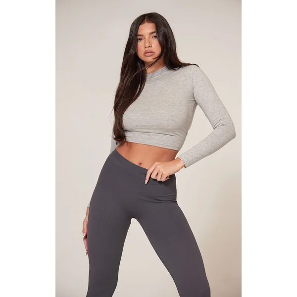 Grey Marl Crew Neck Long Sleeve Fitted Top