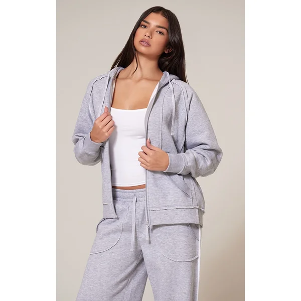 Grey Marl Exposed Seam Detail Zip Up Hoodie