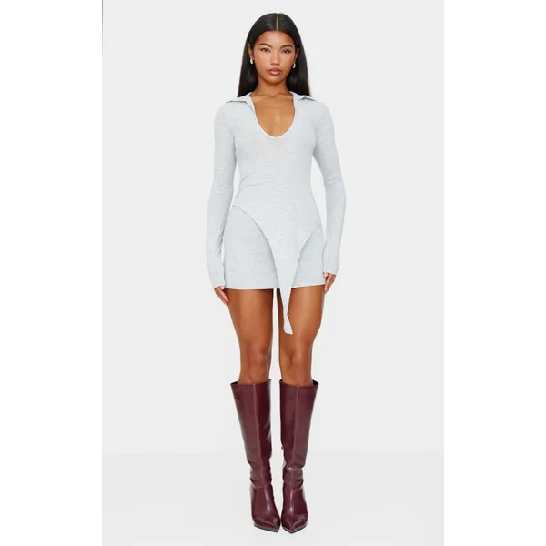 Grey Marl Jersey Collared Bodycon Dress