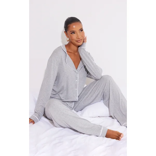 Grey Marl Jersey Piping Detail Long Pj Set