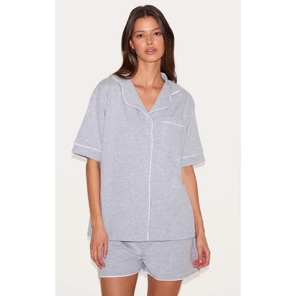 Grey Marl Jersey Piping Detail Short Pj Set
