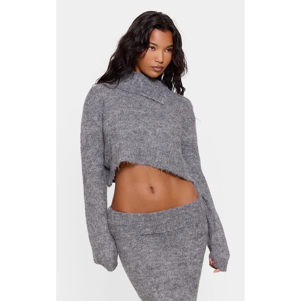 Grey Marl Knit Asymmetric Overlay Oversized Sweater