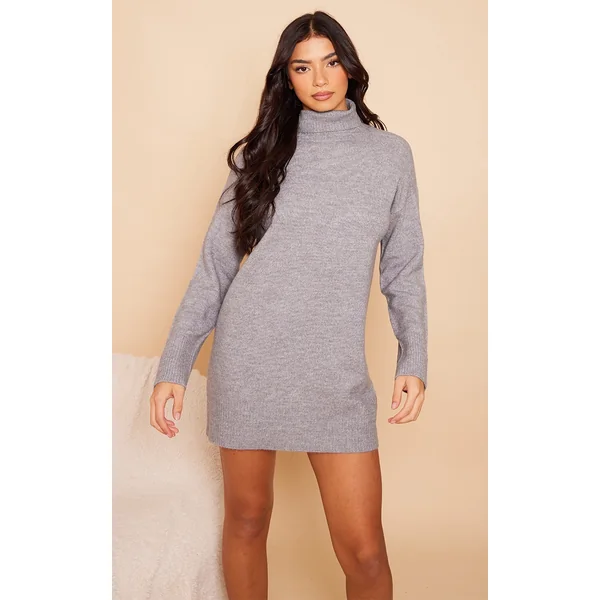 Grey Marl Knit Roll Neck Sweater Dress