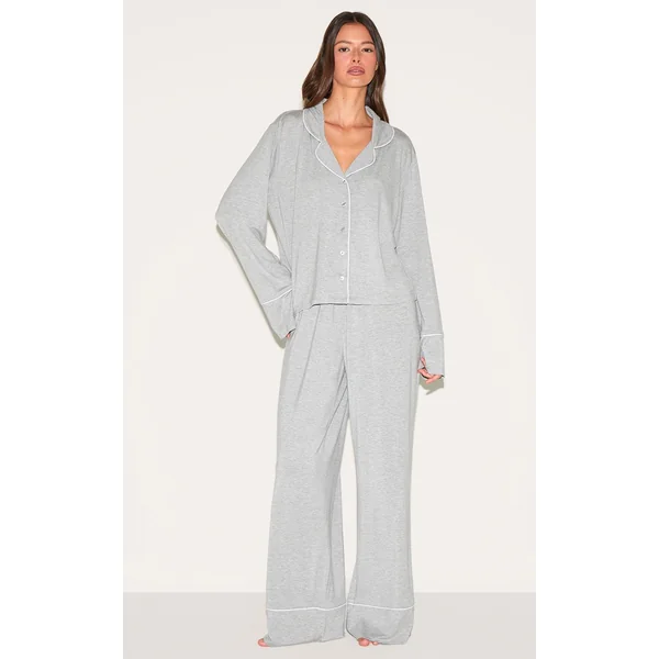 Grey Marl Modal Piping Long Pj Set