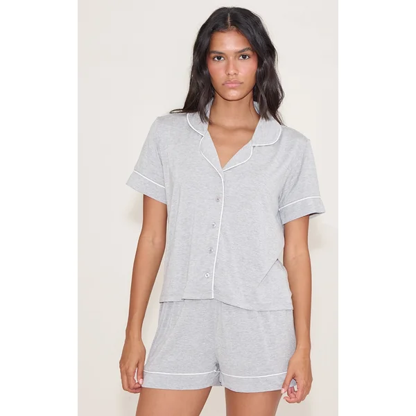 Grey Marl Modal Piping Short Pj Set