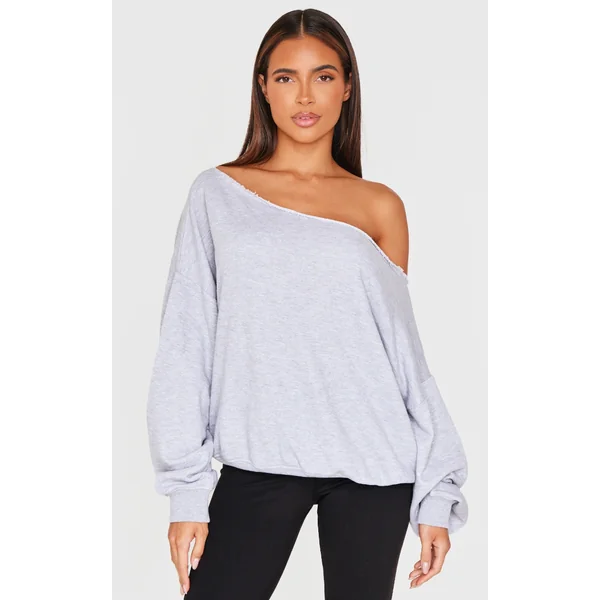 Grey Marl Oversized Off Shoulder Sweatshirt
