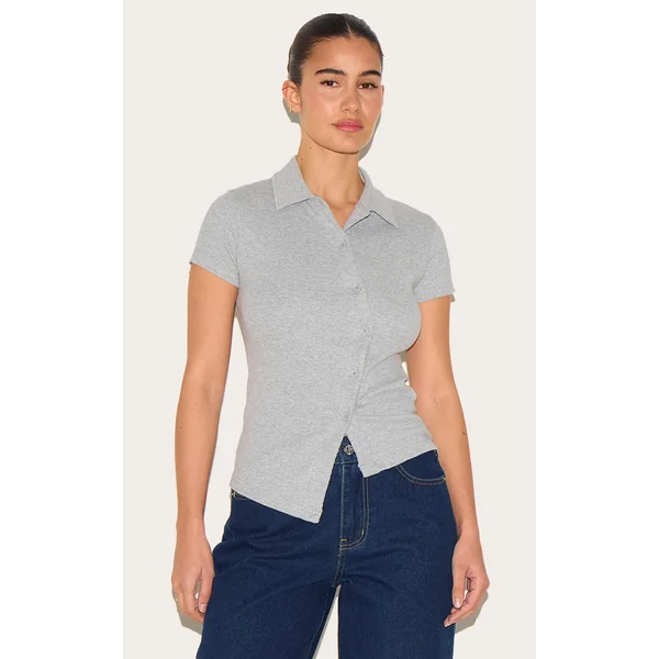 Grey Marl Rib Asymmetric Button Detail Fitted Polo Top