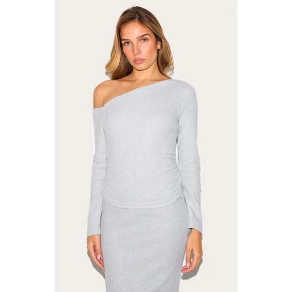 Grey Marl Rib Slouchy Asymmetric Ruched Long Sleeve Top