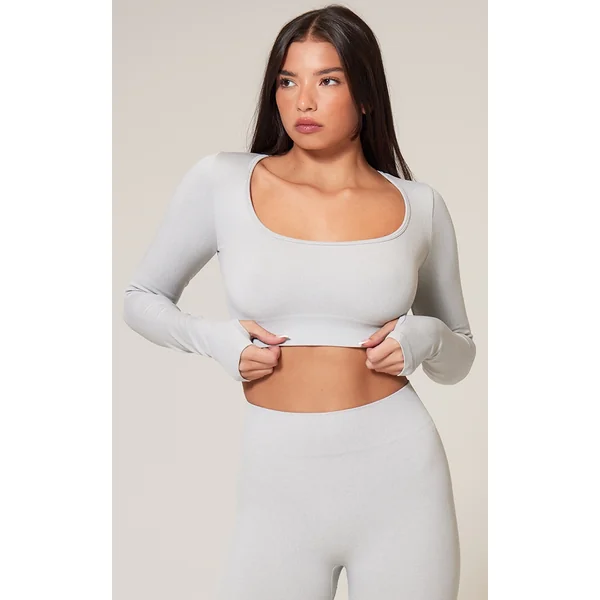 Grey Marl Seamless Square Neck Long Sleeve Gym Top