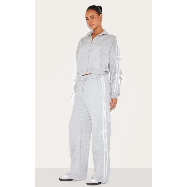 Grey Marl Velvet Bow Detail Wide Leg Sweatpants