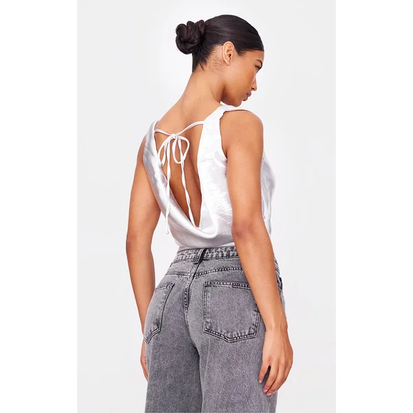 Grey Metallic Satin Cowl Long Top