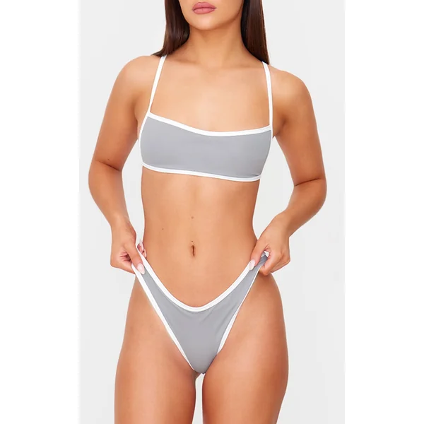 Grey Micro Contrast High Leg Bikini Bottoms