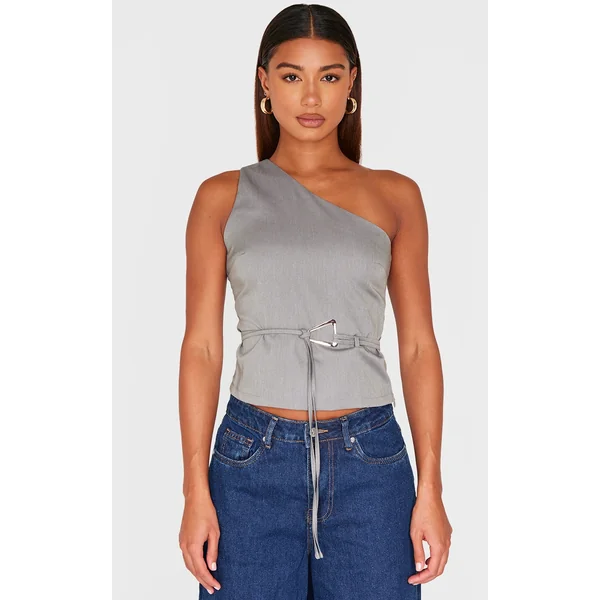 Grey One Shoulder Belt Buckle Detail Long Top