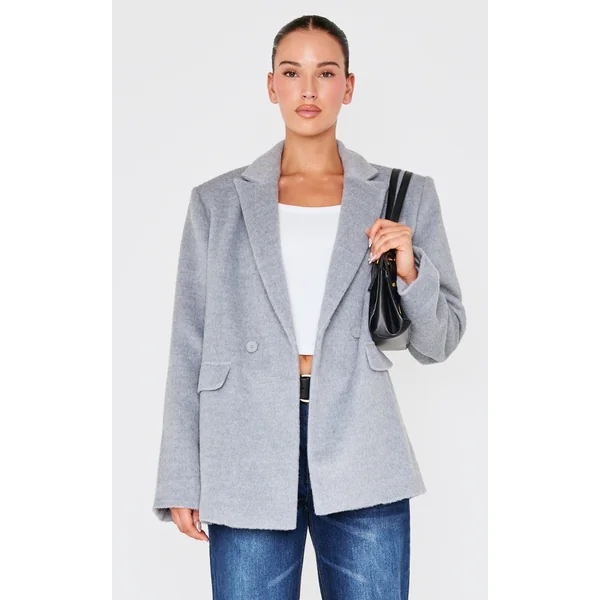 Grey Oversized Textured Wool Look Blazer