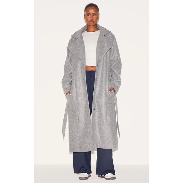 Grey Oversized Wool Look Trench Coat