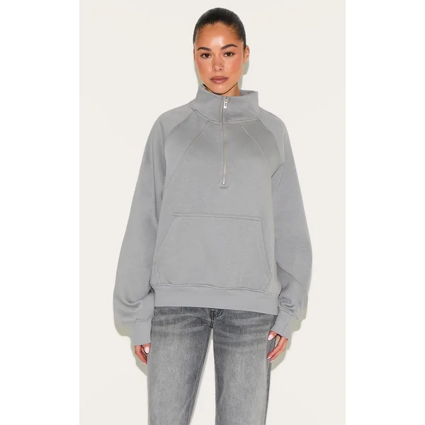 Grey Panel Detail Zip Up Pocket Oversized Sweatshirt