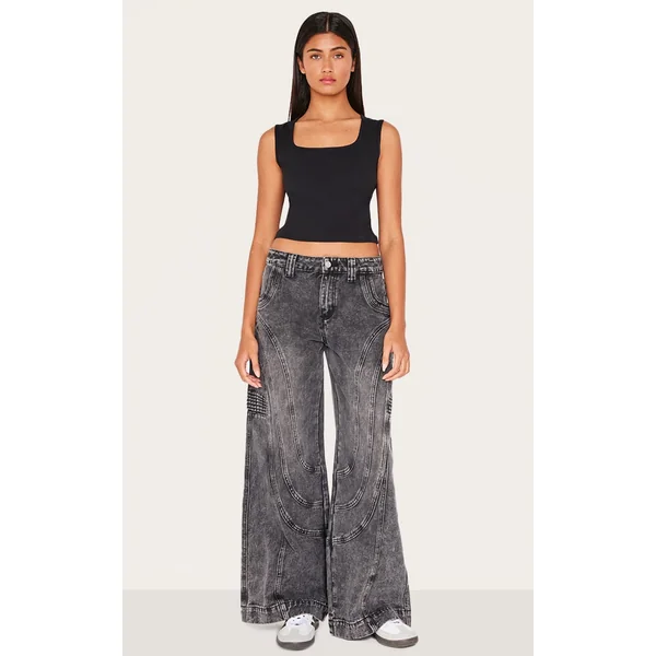 Grey Panel Seam Detail Wide Leg Jeans