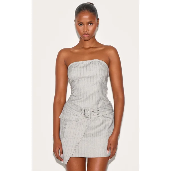 Grey Pinstripe Bandeau Belted Pocket Detail Shift Dress
