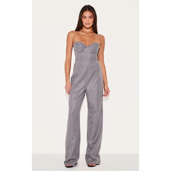 Grey Pinstripe Bandeau Corset Straight Leg Jumpsuit