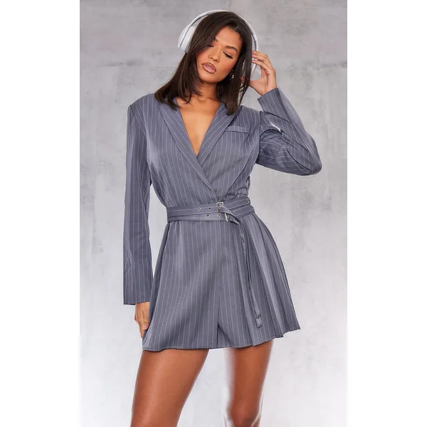 Grey Pinstripe Belted Blazer Dress