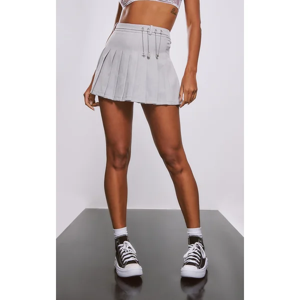 Grey Pinstripe Pleated Metal Trim Mini Skirt