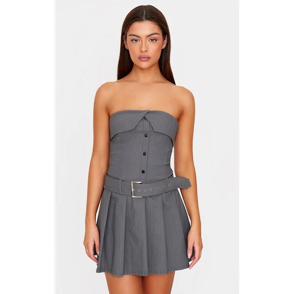 Grey Pinstripe Tailored Bandeau Belt Pleated Shift Dress
