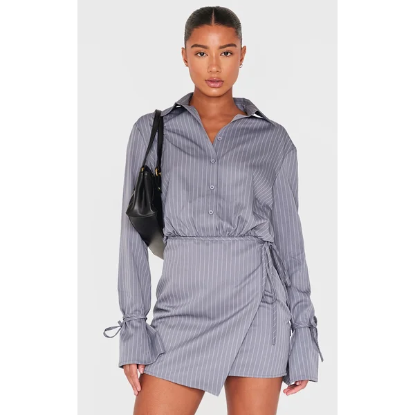 Grey Pinstripe Wrap Shift Dress