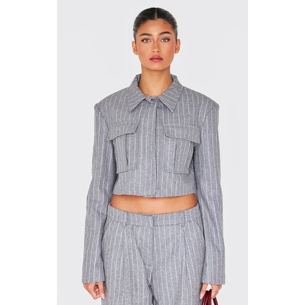 Grey Premium Pinstripe Pocket Detail Cropped Shirt