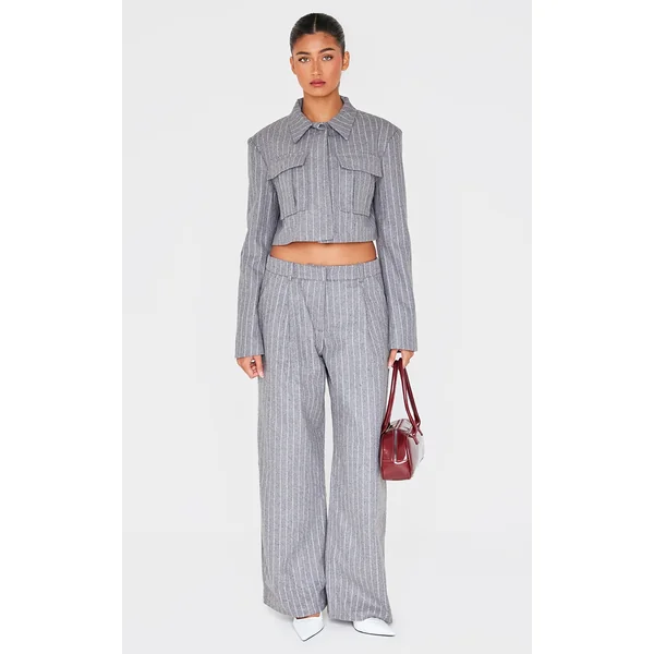 Grey Premium Pinstripe Wide Leg Pants