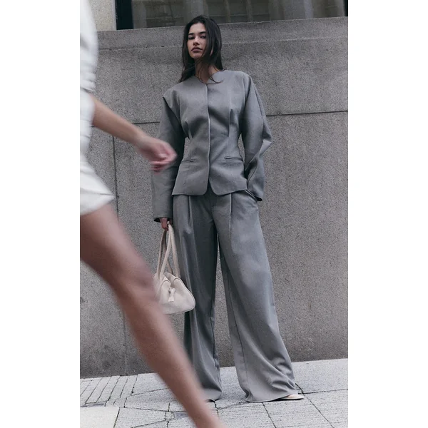 Grey Premium Woven Tailored Wide Leg Pleated Pants