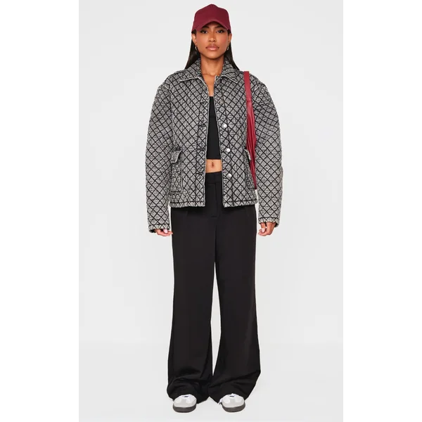 Grey Quilted Effect Pocket Detail Denim Coat