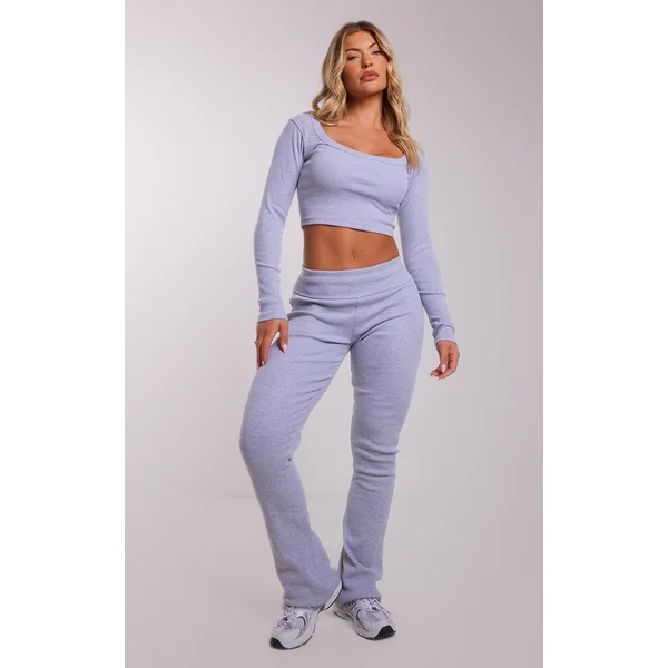 Grey Rib Fold Over Waist Flared Pants