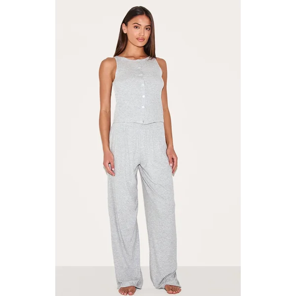 Grey Ribbed Button Vest Long Pj Set