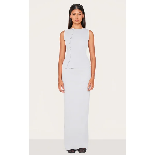 Grey Ribbed Detail Mid Rise Maxi Skirt