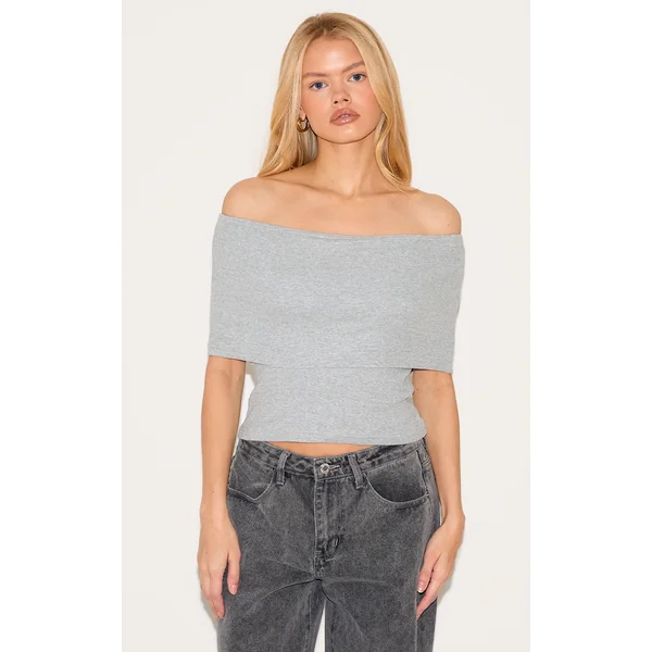 Grey Ribbed Foldover Bardot Top