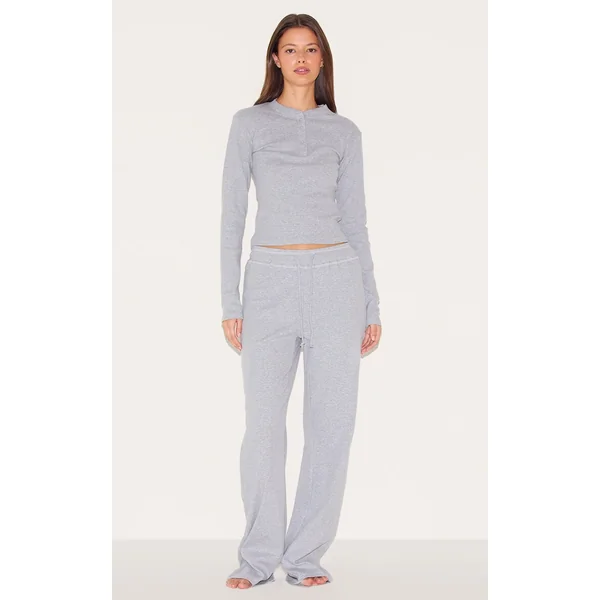 Grey Ribbed Long Sleeve Long Pj Set