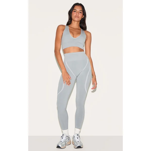 Grey Ribbed Seamless High Waisted Leggings