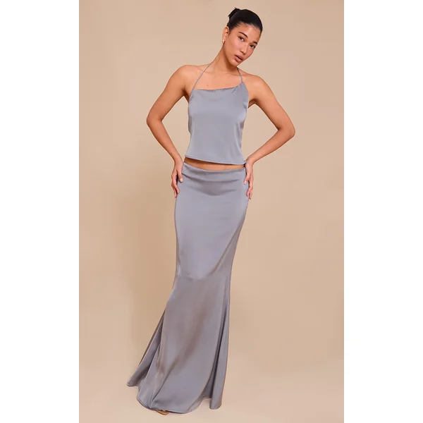 Grey Satin Mid Rise Maxi Skirt