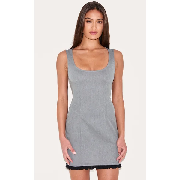 Grey Scoop Neck Frill Hem Bodycon Dress