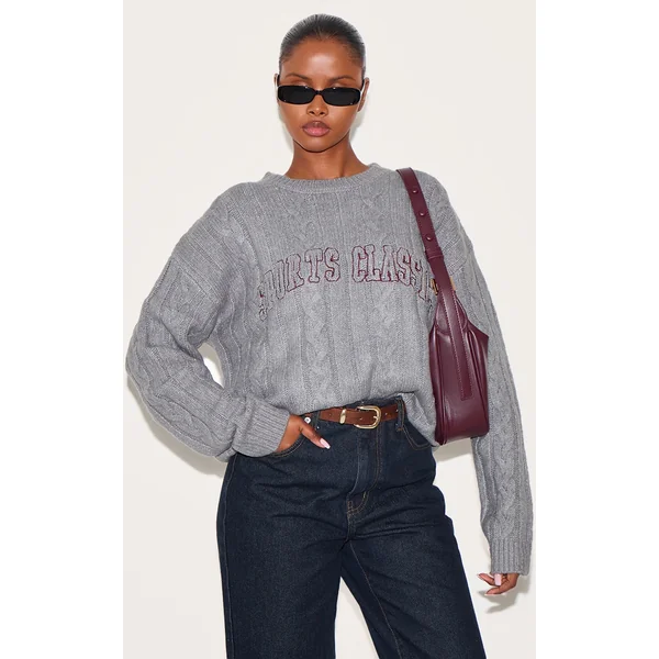 Grey Soft Cable Knit Embroidered Sweater