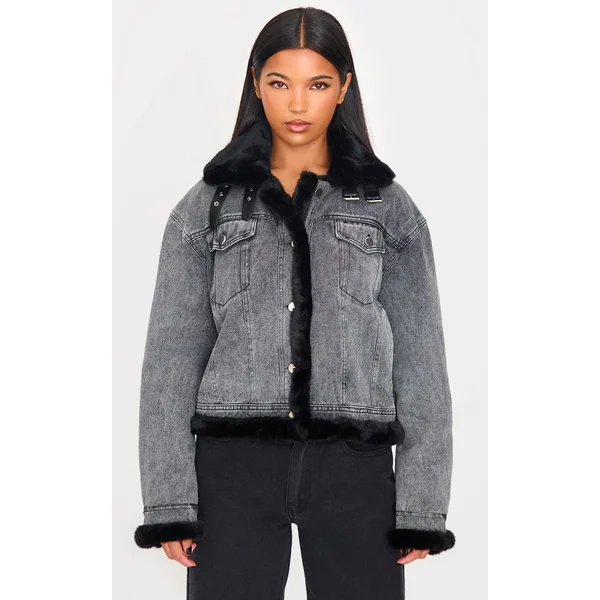 Grey Soft Faux Fur Aviator Style Denim Jacket