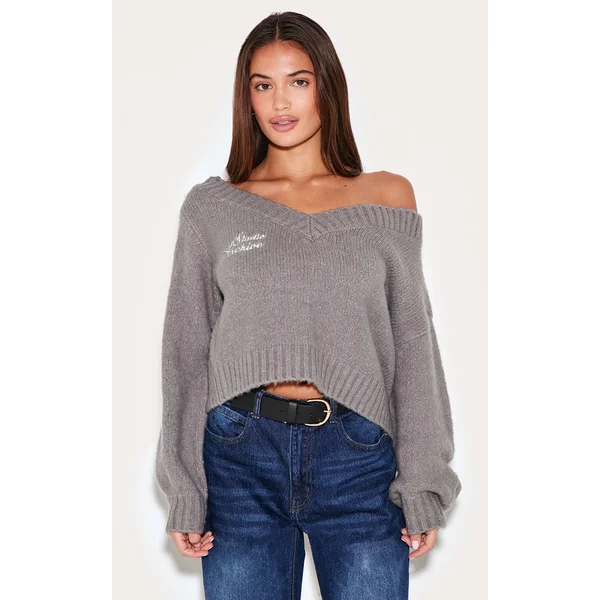 Grey Soft Knit Embroidered Slouchy Cropped Sweater