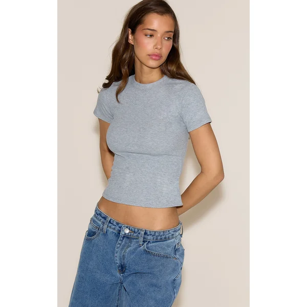 Grey Soft Rib Crew Neck Short Sleeve Top